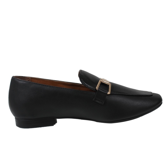 Black Gold Tone Horsebit Loafer Low Heel Sandal - Picture 2 of 6